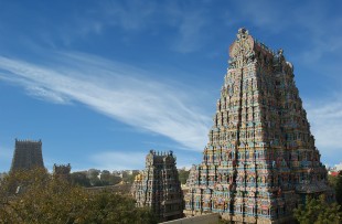 Meenakshi hindu temple in Madurai, Tamil Nadu, South India. Sculptures on Hindu temple gopura (tower). copy