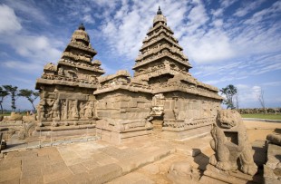 Monolithic temples of the Shore Temple near Mahabalipuram in the Tamil Nadu region of southern India. copy
